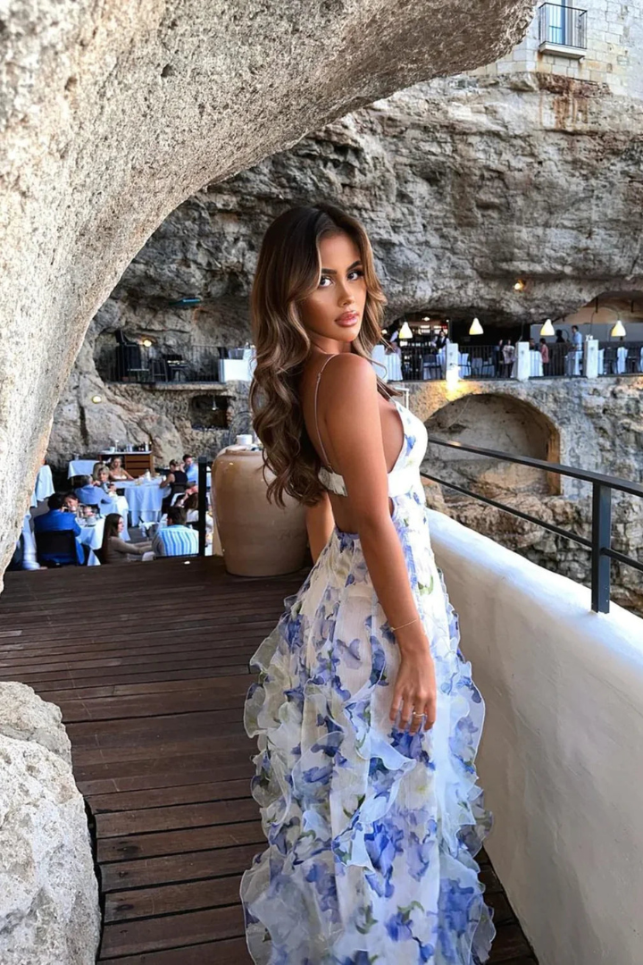 Women's Floral Maxi Dress Ruffle Details
