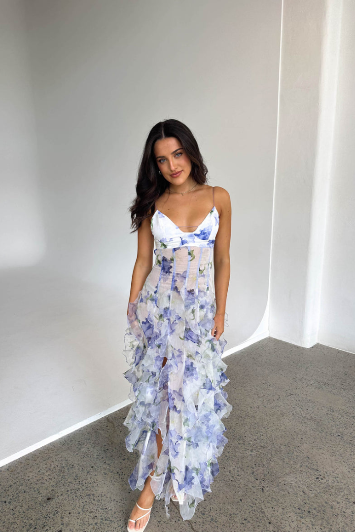 Women's Floral Maxi Dress Ruffle Details